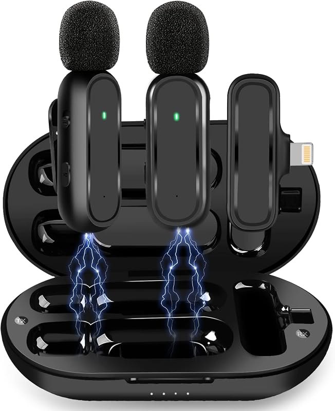 JUSTFX Wireless Lavalier Microphones, 2 Pack, Bluetooth, Noise Reduction, Long Battery Life, 65ft Range, Compatible