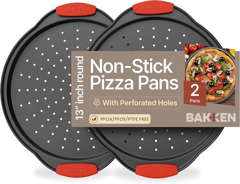 Bakken Pizza Baking Pan - Round Perforated Carbon Steel Pan with Non-Stick Marble Coating, Oversized Silicone Handle