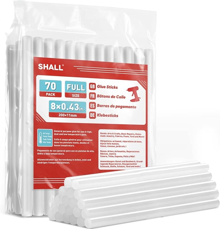 SHALL Full Size Hot Glue Sticks, 0.43” Dia x 8” Long, 70-Pack Clear Hot Melt Glue Gun Sticks for All-Temp Glue Guns