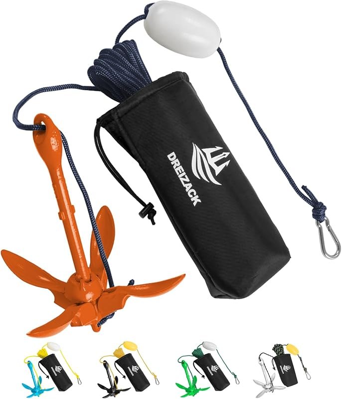 Dreizack Kayak Anchor Kit, 3.5 lb Folding Grapnel Boat Anchor Trolley Accessories with 40ft Rope and PVC Buoy for