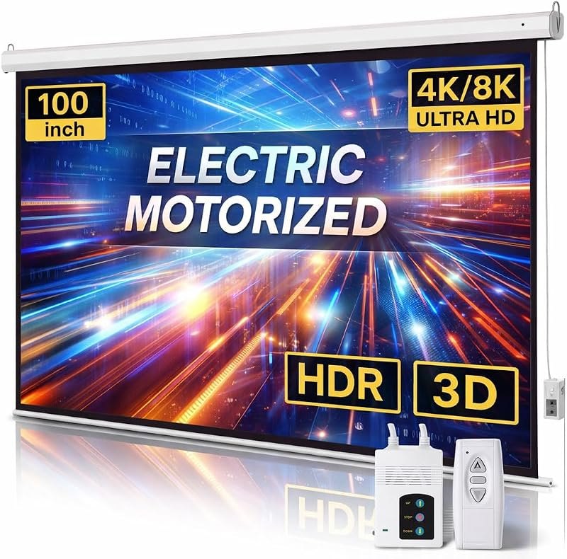 Motorized Projector Screen with Remote Control, 100 Inch 4:3 Auto-Locking Portable Projection Screen, Manual Projector