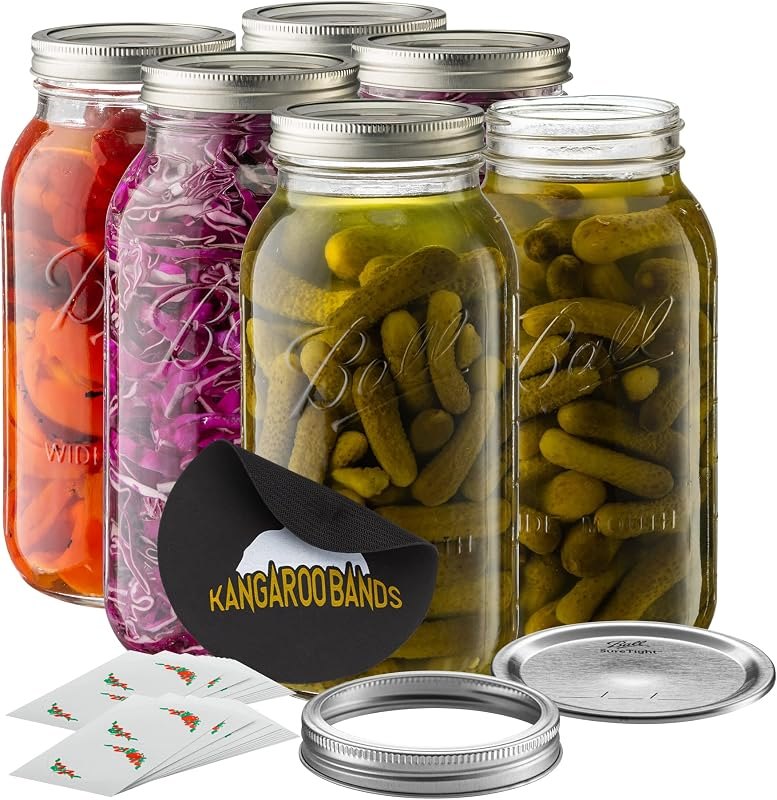Wide Mouth 64 oz (half gallon) mason Jars with Lids and Bands (6-Pack) bundled With, KangarooBands Jar Opener, and