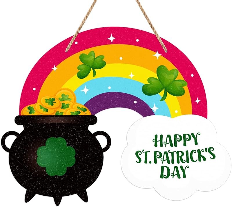 FaCraft Happy St.Patricks Day Door Sign Rainbow Shamrock Clover Wreath Sign for Front Door St. Patrick's Day
