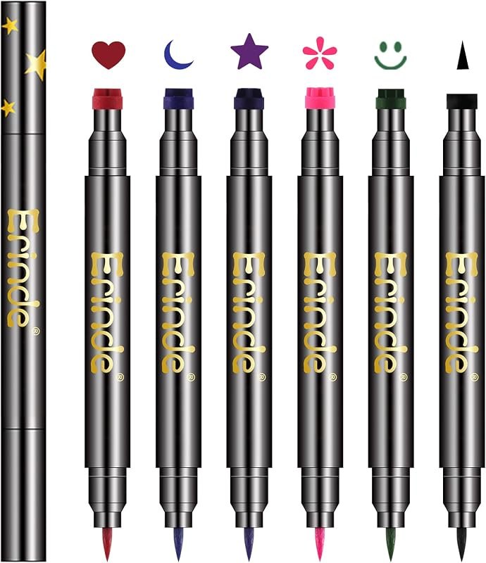 Erinde 6 Colors Liquid Winged Eyeliner Stamp Pen Set, Double-Ended Black Red Green Purple Blue Eye Liner Pencil