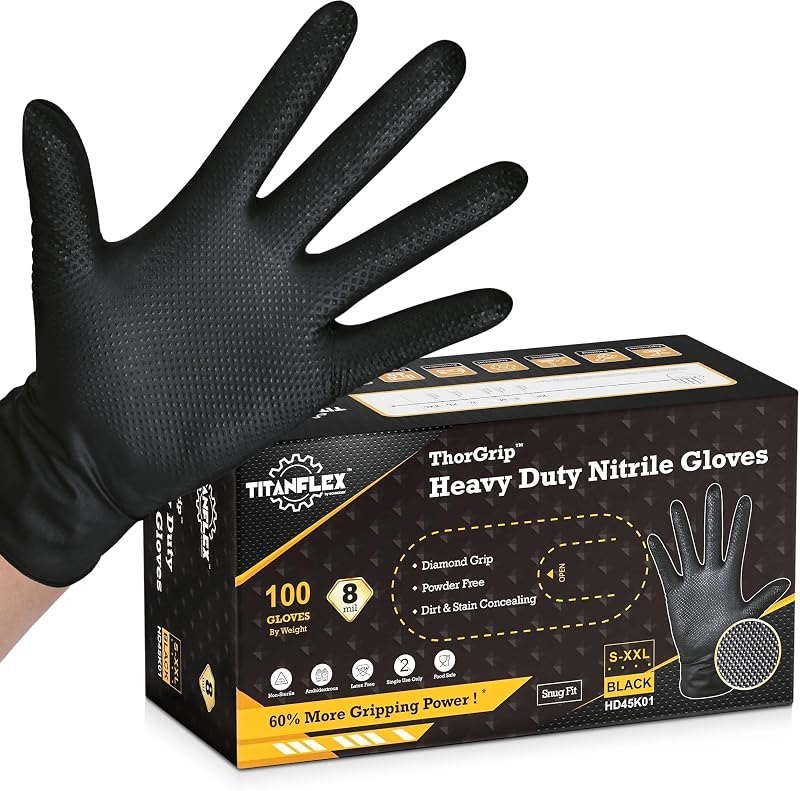 TitanFlex Heavy Duty Black Industrial Nitrile Gloves with Raised Diamond Texture, Latex Free 8mil — garage mechanic