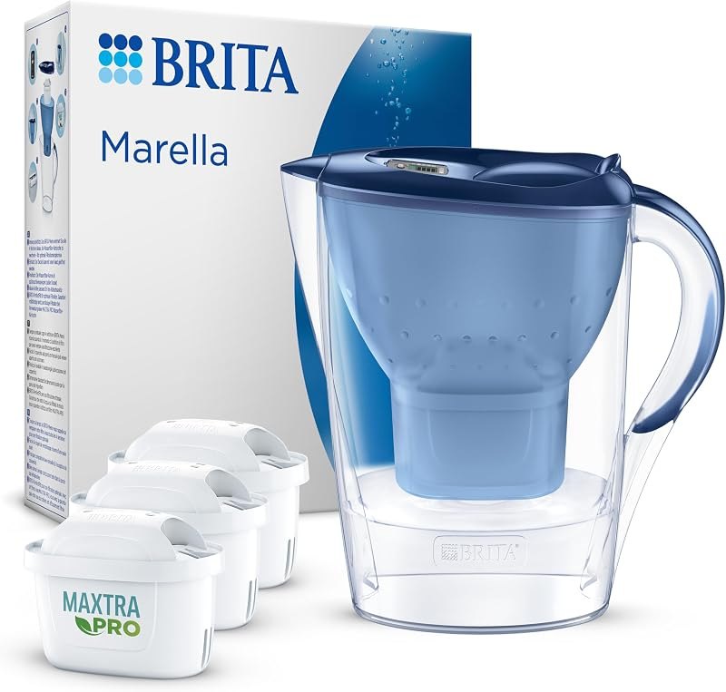 BRITA Marella Blue Water Filter Jug (2.4L) incl. 3 x Brita MAXTRA PRO All-in-1 Filters that Reduces Chlorine