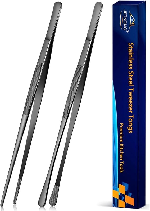 JETKONG 2 Pcs 12-Inch Kitchen Tweezers Tongs with Precision Serrated Tips, Stainless Steel Chef Tweezer Professional