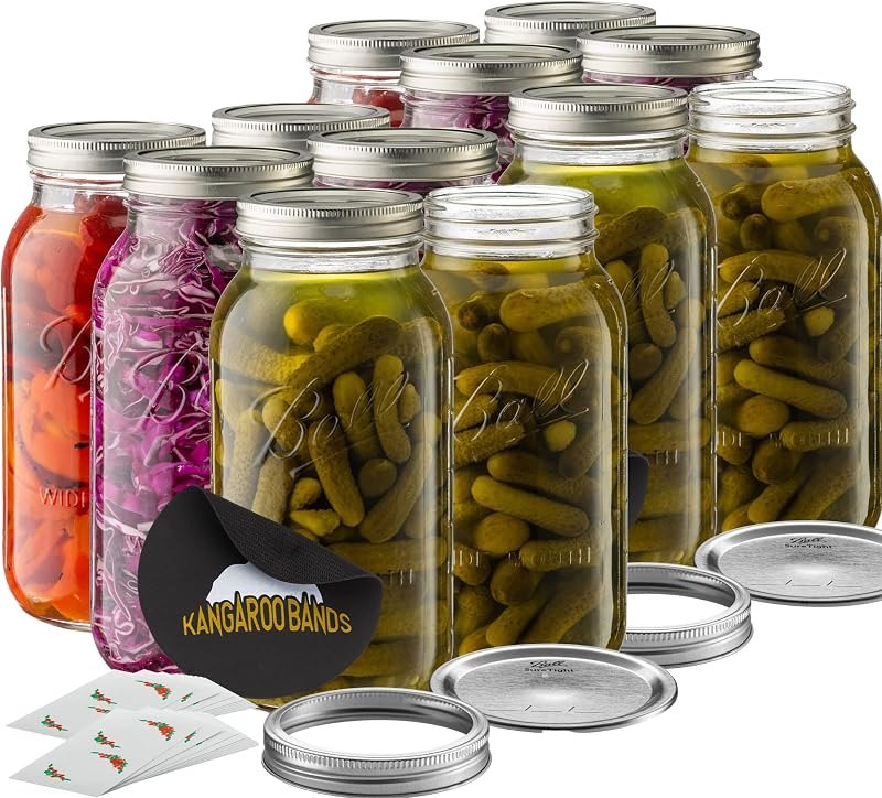 Wide Mouth 64 oz (half gallon) mason Jars with Lids and Bands (12-Pack) bundled With, KangarooBands Jar Opener, and
