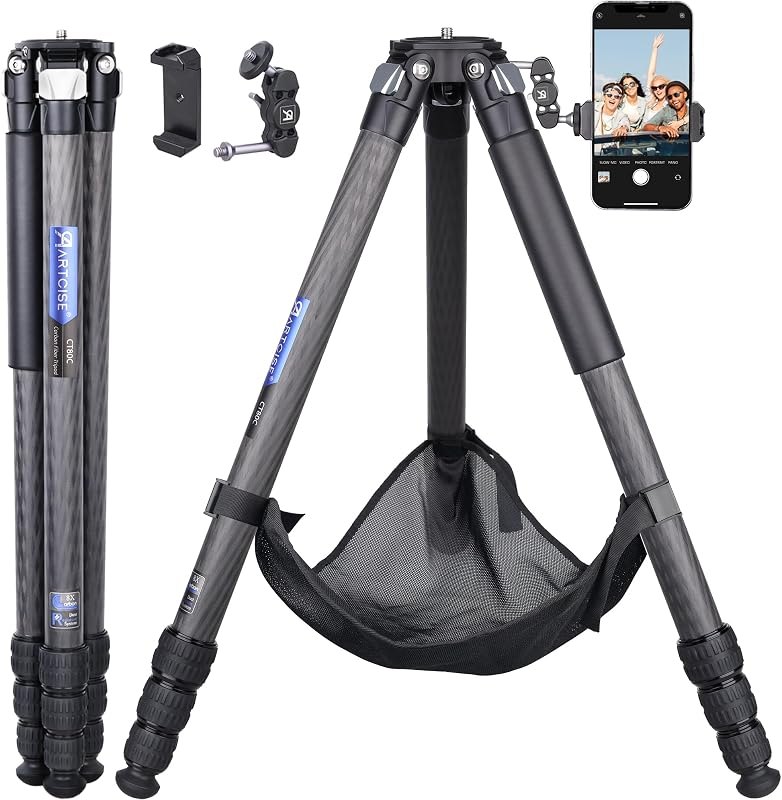 Compact Carbon Fiber Tripod with Stone Bag ARTCISE CT80C Heavy Duty Travel Camera Stand for Canon Sony Nikon DSLR