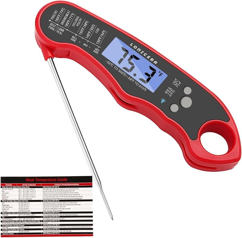 LONICERA Digital Meat Thermometer, 1-2s Instant Read, Foldable Probe, Red — baking oven thermometer for baking oven