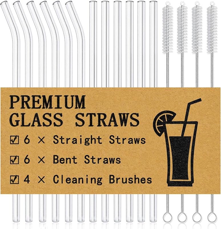 Piteno® 12Pcs Glass Straws with 4Pcs Brushes, Reusable Clear Glass Drinking Straws, 8.5''x10MM, Set of 6 Straight and