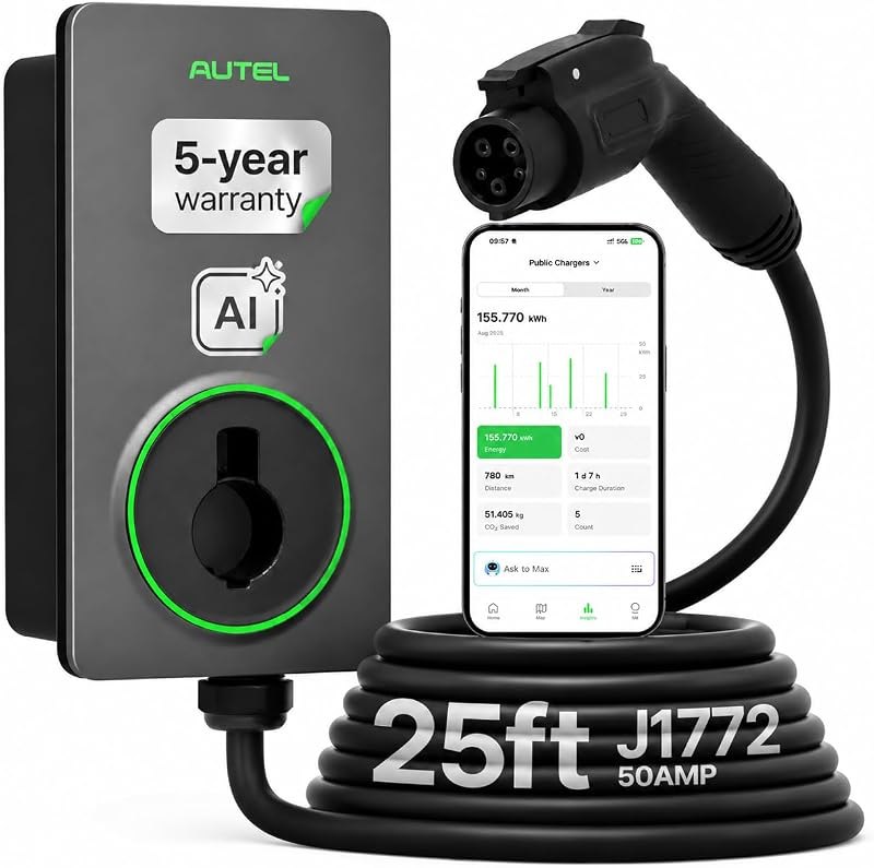 Autel 50A Level 2 EV Charger, 240V Hardwired J1772, WiFi, 25ft Cable — best wall mount EV charger for wall mount charger