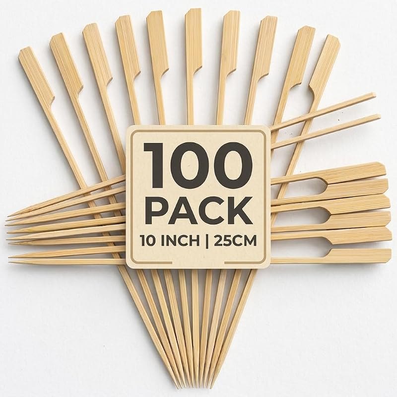 Bamboo Skewers 10 inch for BBQ Kebab STICKS -Flat Handle Meat Krift Sticks for Grilling -Long Wooden Skewers for Food