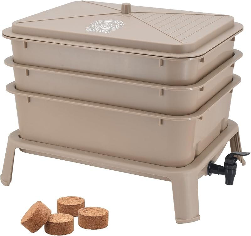WN53 4-Tray Worm Composting Bin Kit with Coco Coir for Recycling Food Waste, Worm Castings, Worm Tea, Vermiculture and