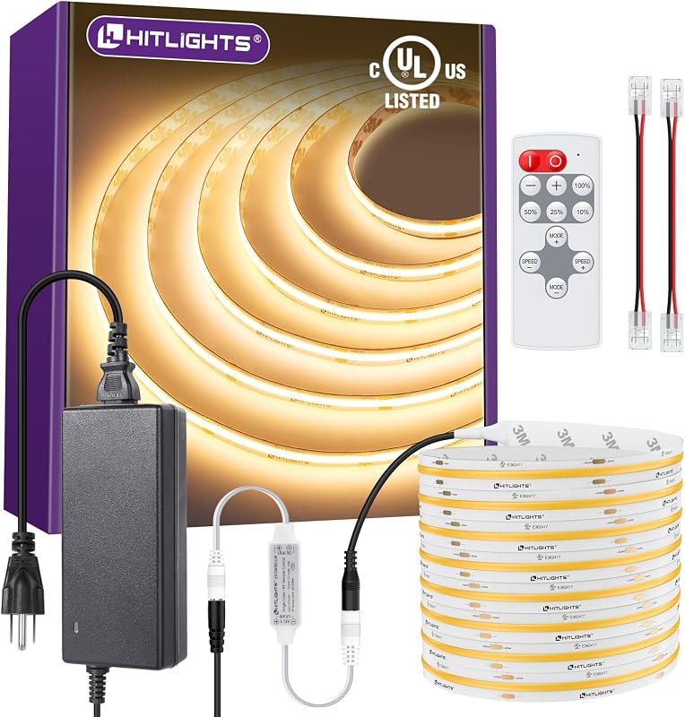 HitLights COB LED Strip Lights Kit Warm White 3000K with Remote, 16.4ft 24V — LED rope lights for led rope lights