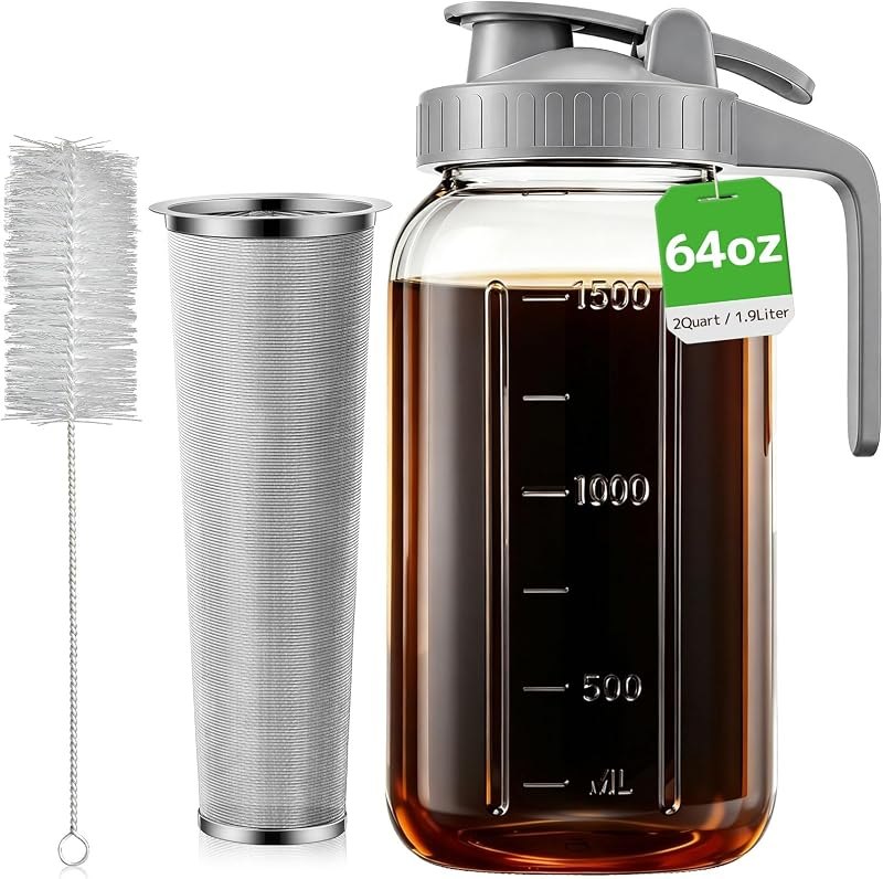 64 oz Cold Brew Coffee Maker, Mason Jar Pitcher with Stainless Steel Filter