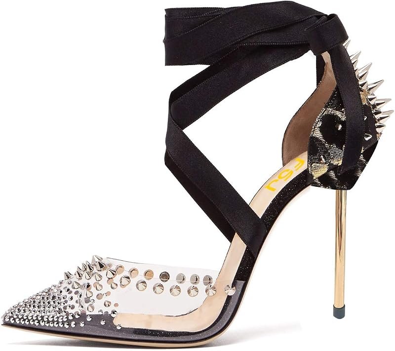 Women High Heel Ankle Strap Sandals Pointed Toe Rivets Pumps PVC Club Dress Shoes with Studs Fashion Size 4-15 US —