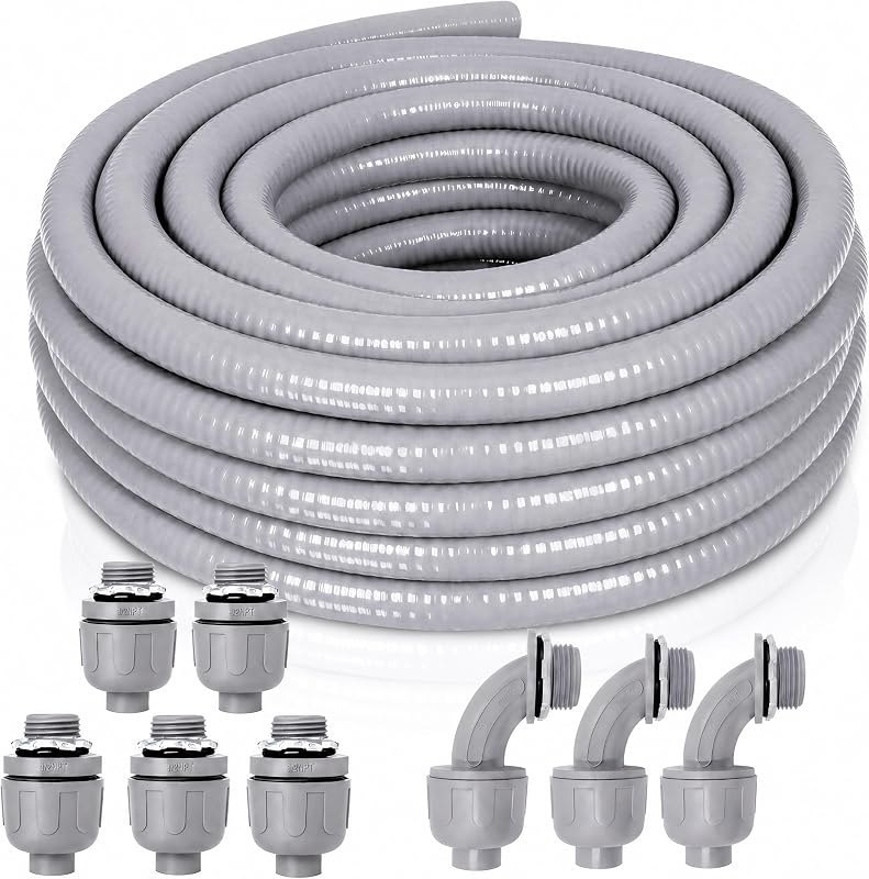 Liquid-Tight Conduit and Connector Kit - 1/2 Inch 25 FT Non Metallic Liquid Tight Electrical Conduit with 5 Straight