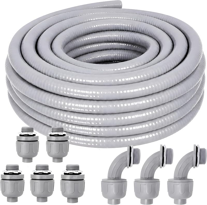 Liquid-Tight Conduit and Connector Kit - 3/4 Inch 25 FT Non Metallic Liquid Tight Electrical Conduit with 5 Straight