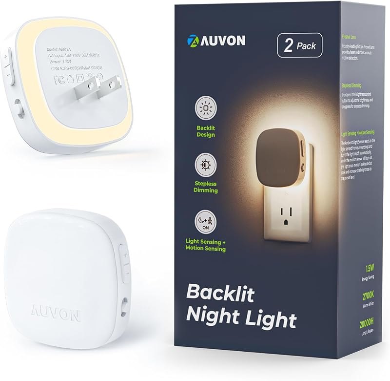 AUVON Plug-in LED Backlit Night Light, Motion & Dusk to Dawn Sensor, 2-Pack — night light motion for night light motion