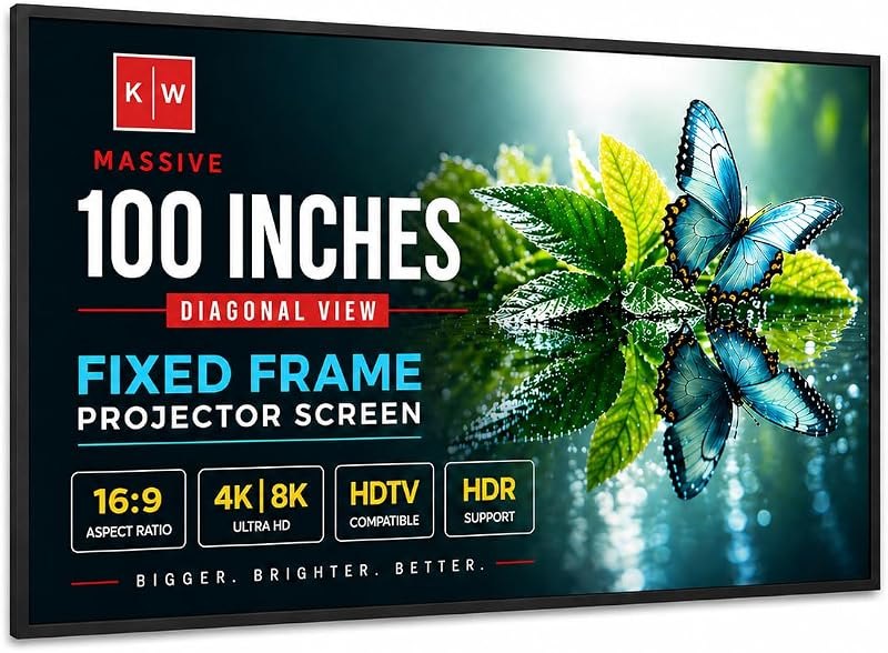 Fixed Frame Projector Screen - Matte 100 inch - Hang on Wall - 4K - 8K Ultra HD, HDTV, HDR & Active 3D, Ultra Short