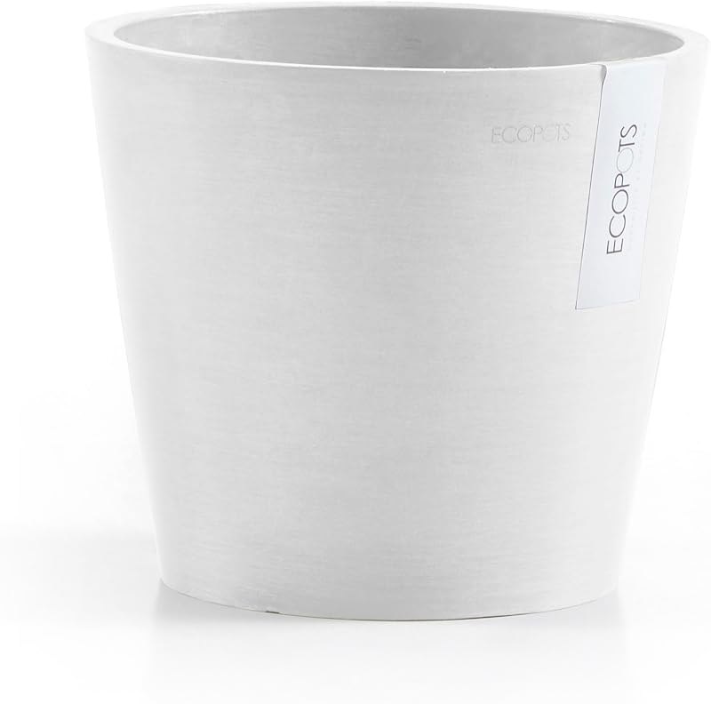 Ecopots Amsterdam Modern Round Recycled Plastic Planter Flower Pot w/Water Reservoir, Pure White, 8'',AMWR.20.PW —