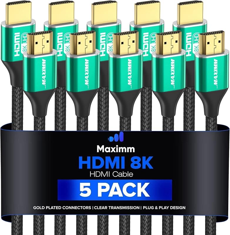 Maximm HDMI 2.1 Cable 8K Green 10Ft 5PK, 48 Gbps, Braided, eARC, HDR — best cable tv box for all channels for cable