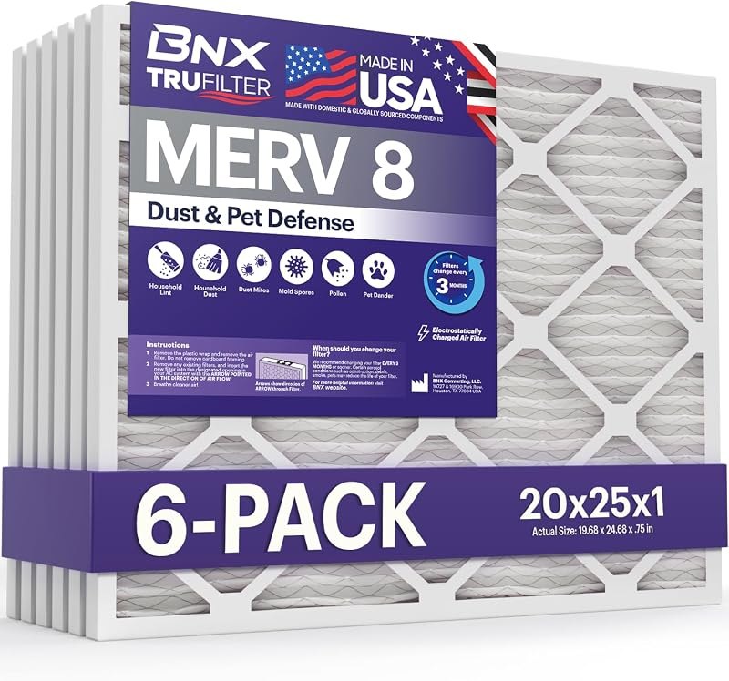 BNX TruFilter 20x25x1 Air Filter MERV 8 (6-Pack) - MADE IN USA — furnace filter 20x25x1 for furnace filter 20x25x1