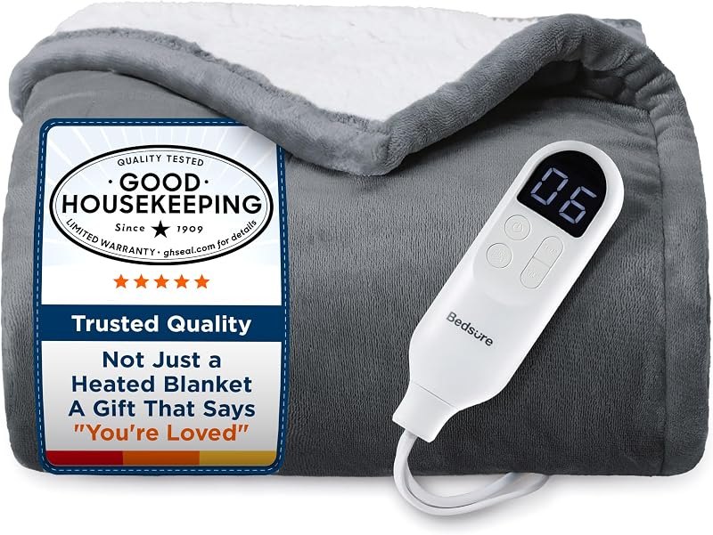 Bedsure Heated Blanket Throw Blanket with Preheat Function - Fast Heating Electric Blanket, Soft Flannel Throw with 6