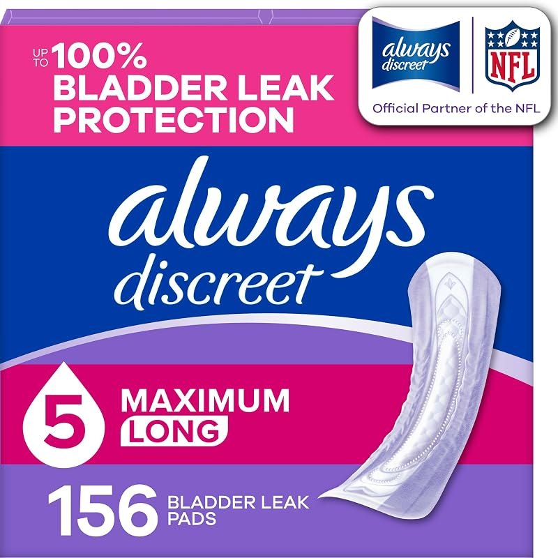 Always Discreet Adult Incontinence Pads for Women, Drier, 5 Drop Long Length, Heavy Absorbency, Pads for Bladder