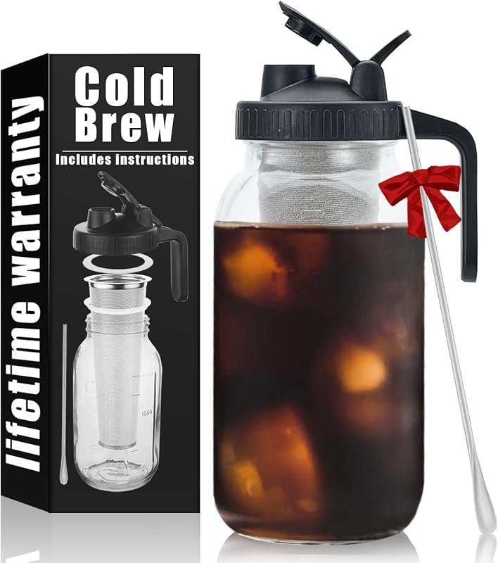 Cold Brew Mason Coffee Maker - 64oz Iced Coffee Pitcher with Stainless Steel Mixing Spoon & Super Dense Filter 3 Steps