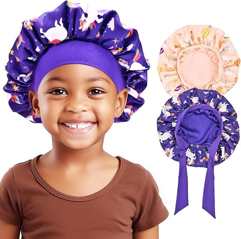 Lolalet 2 PCS Kids Bonnets for Girls, Reversible Silk Bonnet for Sleeping Satin Bonnet Cap with Wide Elastic Band