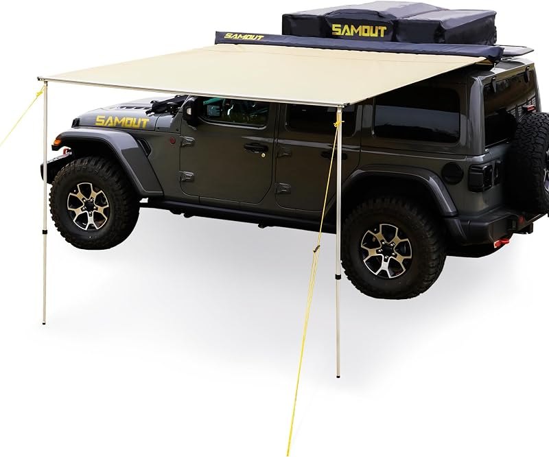 SAMOUT Vehicle Awning, 8.2ft x 8.2ft, Rooftop Pullout Ripstop UPF50+ Side Awning, Reinforced Hinges & Poles for
