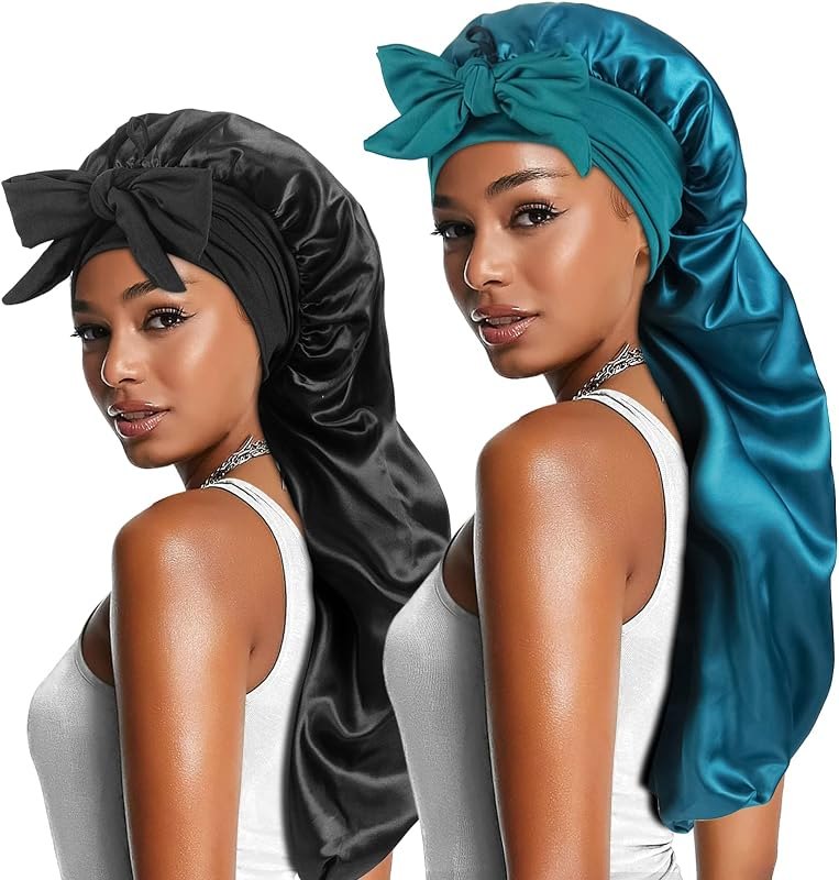2pcs Long Satin Bonnets with Tie Band, Large Braid Bonnet Silky Hair Cap for Locs Women Sleeping, D — silk satin hair