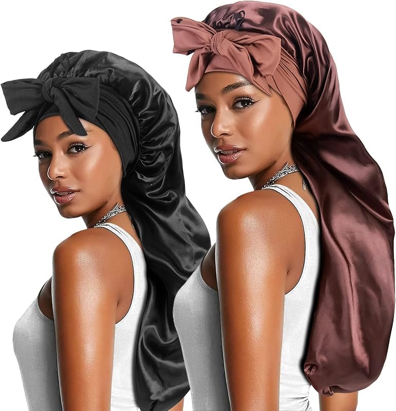 2pcs Long Satin Bonnets with Tie Band, Large Braid Bonnet Silky Hair Cap for Locs Women Sleeping, E — best satin