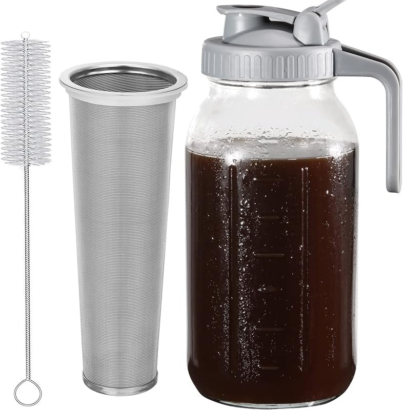 Cold Brew Coffee Maker Pitcher, 64 Oz Heavy Duty Wide Mouth Glass Mason Jar pour spout Lid with Stainless Steel Filter