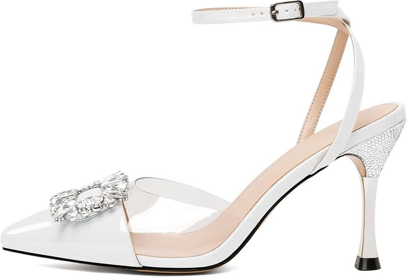 Women's Heeled Sandals with Rhinestone Buckle Bow, Pointed Toe Ankle Strap High Heels, Clear Rhinestone Stiletto Heel