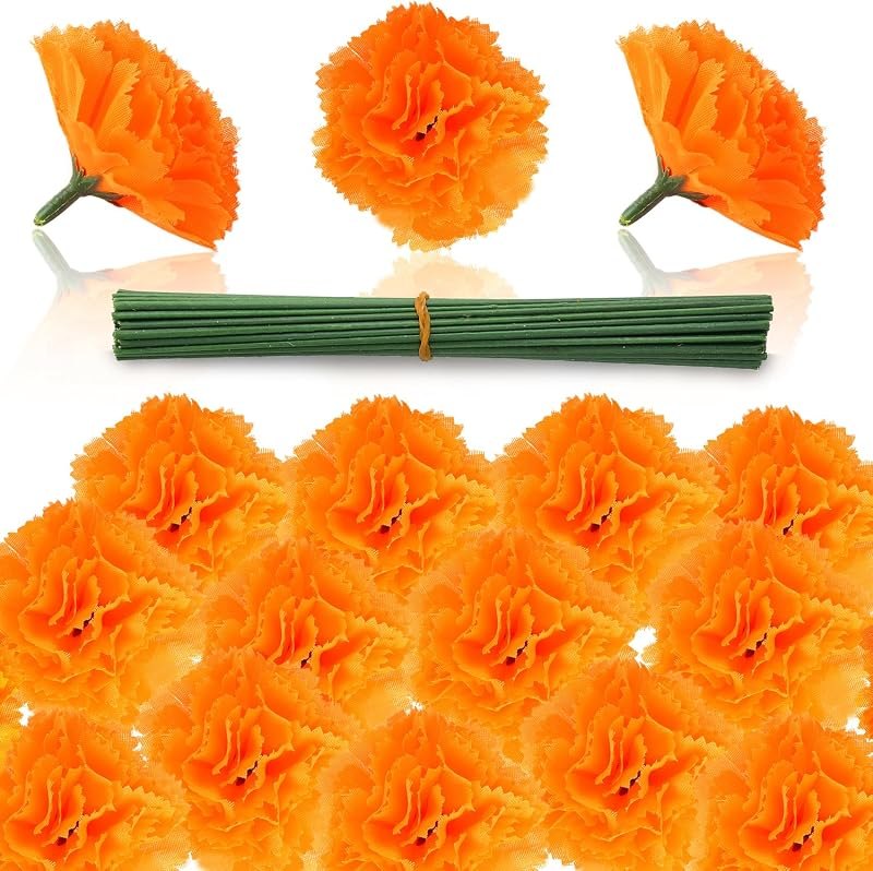 DIYASY Marigold Flowers Bulk, 50 Pcs Artificial Silk Marigolds with Stems Fake Orange Flower Heads for Day of Dead