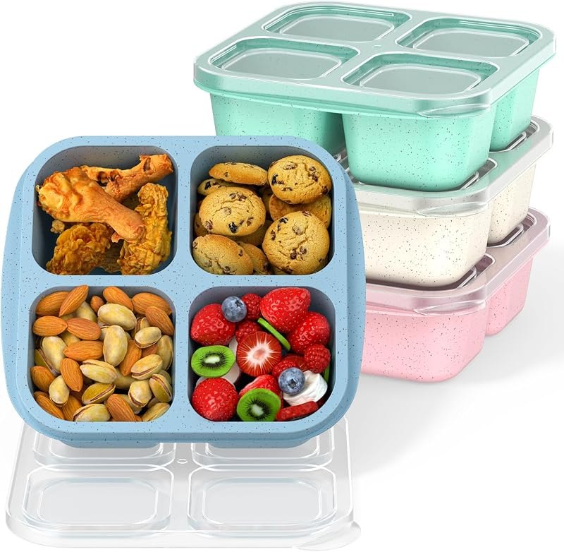 Bento Snack Boxes (4 Pack)- Reusable 4-Compartment Meal Prep Containers for Kids and Adults, Perfect Food Storage