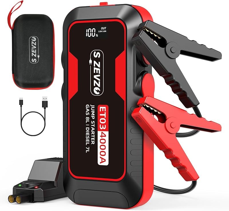 S ZEVZO ET03 Car Jump Starter 4000A Jump Starter Battery Pack for Up to 8.0L Gas and 7.0L Diesel Engines, 74Wh