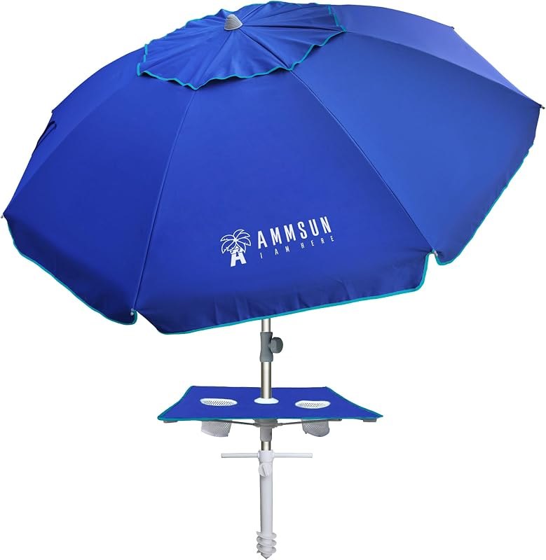 AMMSUN 7ft Heavy Duty High Wind Beach Umbrella with sand anchor, Built-in Table Tray Vent Tilt Pole, UPF 50+ Windproof