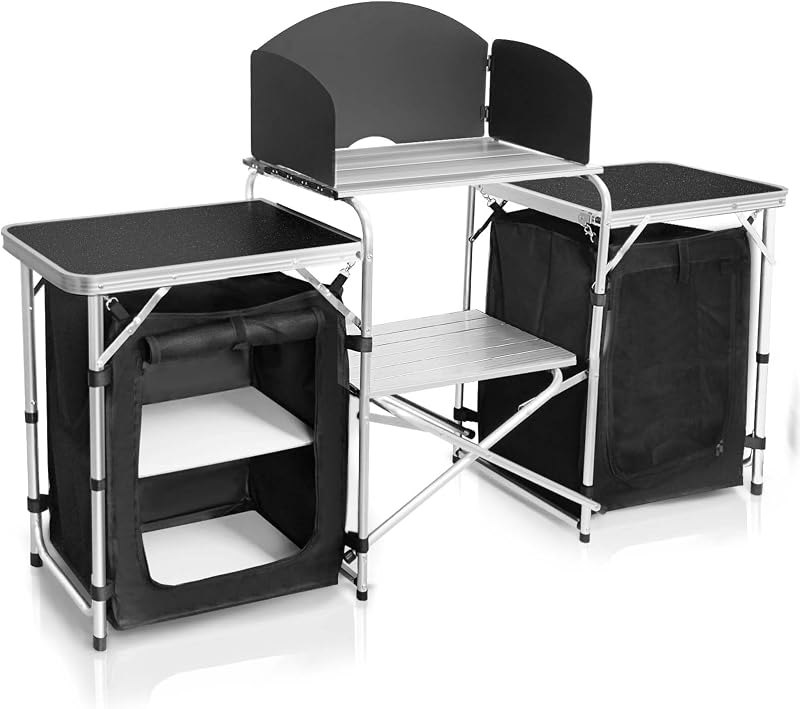 CampLand Folding Camping Kitchen Table with Windscreen,Portable Outdoor Cooking Station with Storage Cabinet & Side
