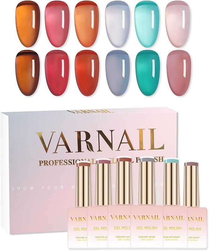 VARNAIL Jelly Gel Nail Polish Kit 6 Colors, Translucent Amber Sheer Series Gel Polish, Soak off U V Light Gel Nail