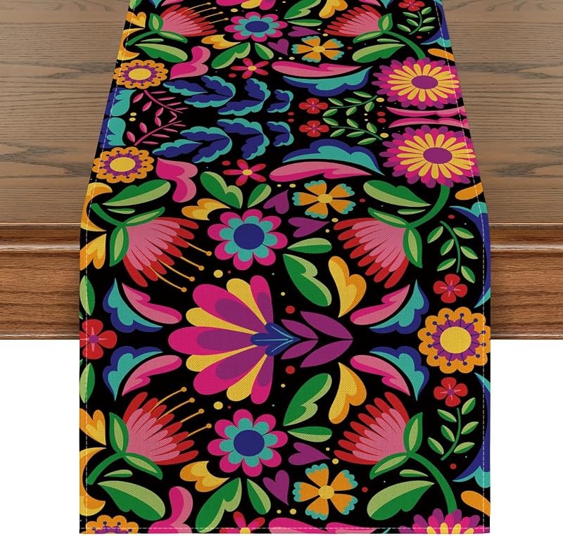 Artoid Mode Floral Dia De Los Muertos Serape Fiesta Mexican Table Runner, Mexico Day of the Dead Kitchen Dining Table