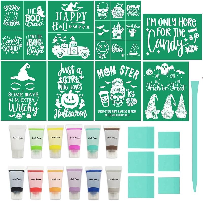 DGAGA 27PCS Halloween Adhesive Silk Screen Stencils for Chalk Paste,Chalk Paste Paint for Stencils Reusable,Fall