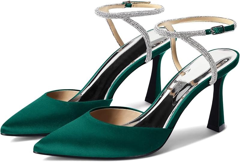 Women Rhinestone Heels Kitten High Satin Pumps Pointed Toe Sparkly Sexy Wedding Dress Shoes — metallic pointed toe