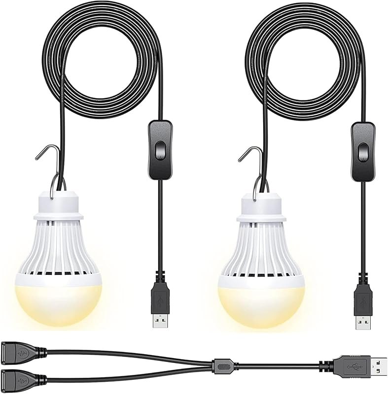 2 Pack USB LED Camping Lantern, 8.2 ft Extra Length Cord Tent Light with USB Y-Cable, Portable LED Bulb for Garage
