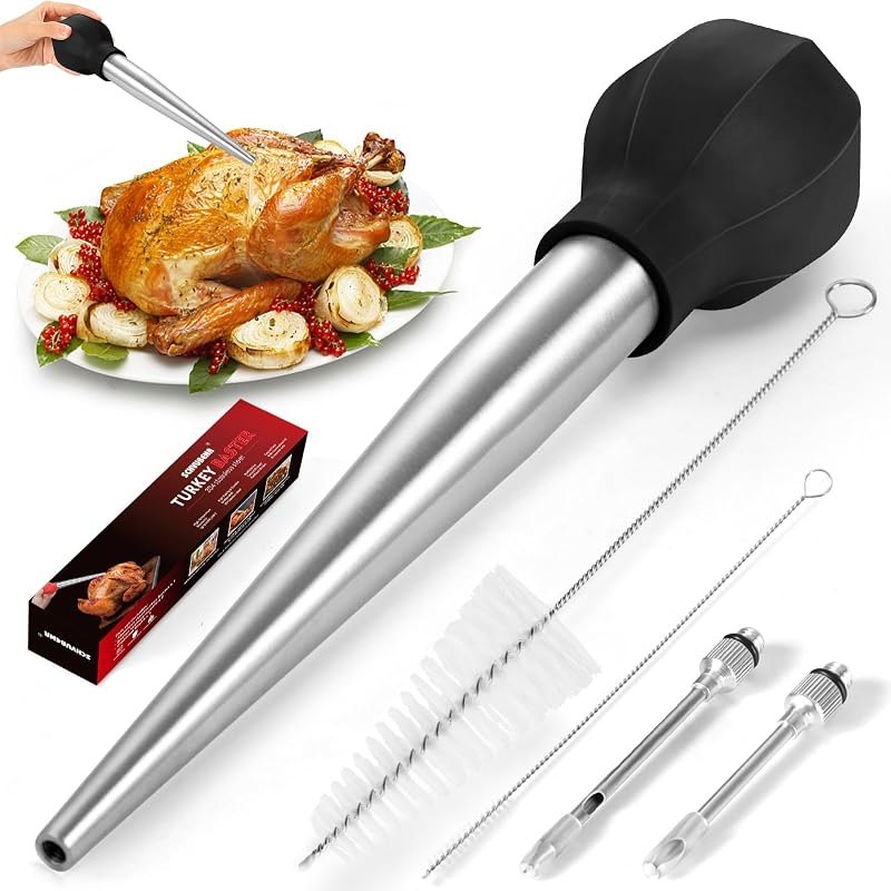 SCHVUBENR Large Turkey Baster with Cleaning Brush & Needle - Stainless Steel Baster Tool for Cooking - Easy to Use and