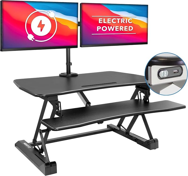Mount-It! Electric Standing Desk Converter with Dual Monitor Arms for 2 Screens (Max 32"), Large 35.4" Wide Desktop