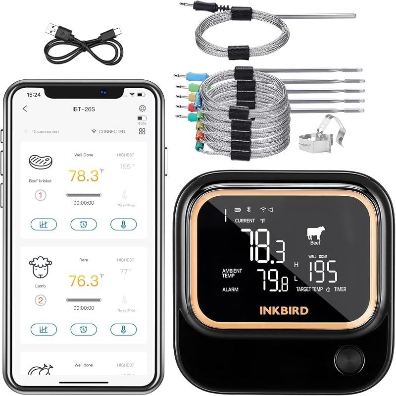 INKBIRD 5GHz/2.4GHz WiFi & Bluetooth 5.1 Meat Thermometer, 6 Probes WiFi Meat Thermometer for Smoking Grilling